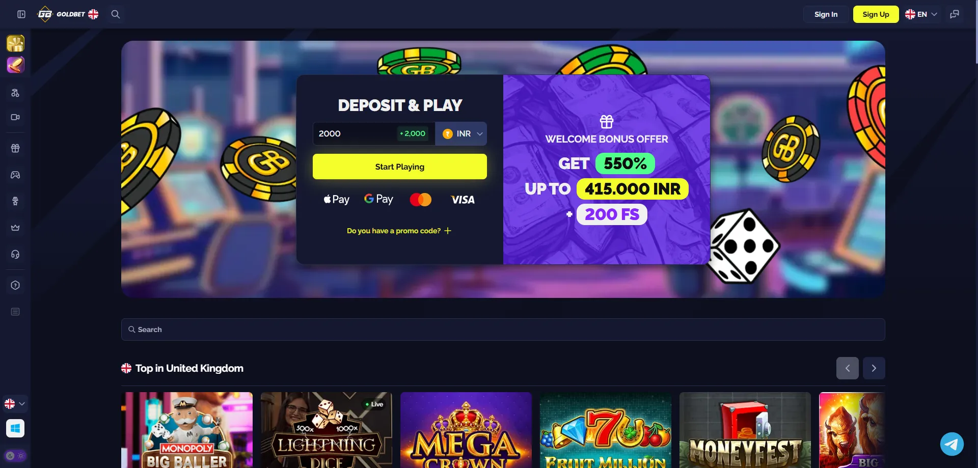 Goldbet Casino India overview — 550% welcome bonus and fast withdrawals